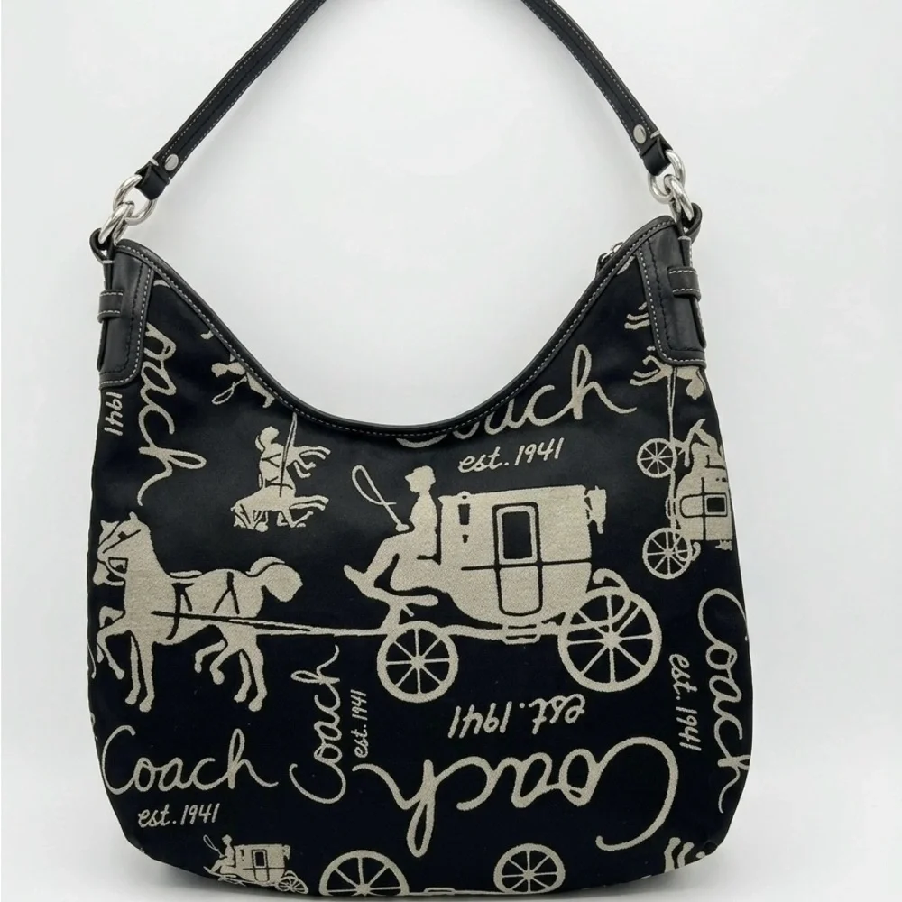 Vintage Coach Y2K Horse & Carriage Script Hobo Shoulder Bag Black Silver